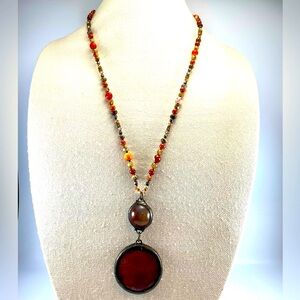 Stunning Unsigned Snake Skin Agate Gemstone Gold Tone Chain Statement Necklace